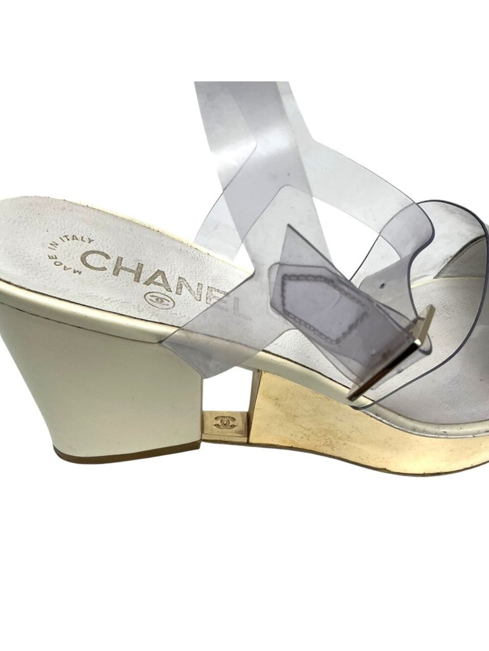 CHANEL Vintage Gold Wedge Platforms With PVC Straps sz 9.5 - Picture 15 of 16